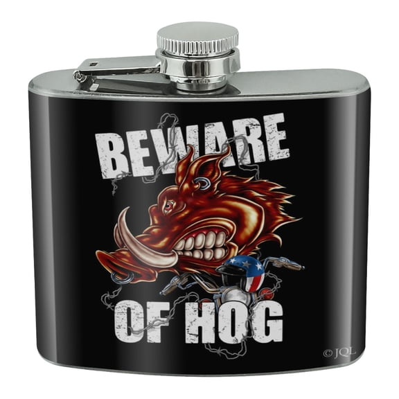 Beware Of Hog Biker Motorcycle Chopper Stainless Steel 5oz Hip Drink Kidney Flask