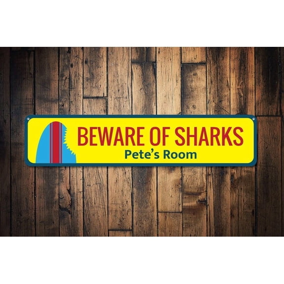 Beware Of Sharks Sign Custom Surfboard Shark Bite Sign Kid Name Room Sign Shark Lover Gift - Shark Signs - Size: 16 x 4 Inches