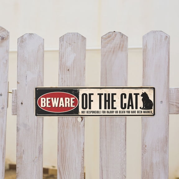 Beware Of The Cat Funny Pet Security Metal Tin Sign For Front Door Porch Fence Or Yard 4x16 Inch
