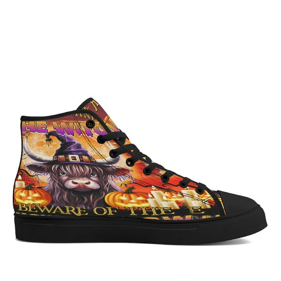 Beware Of The Highland Cow Halloween Pumpkin High Top Canvas Shoes Sneakers Black Size 6