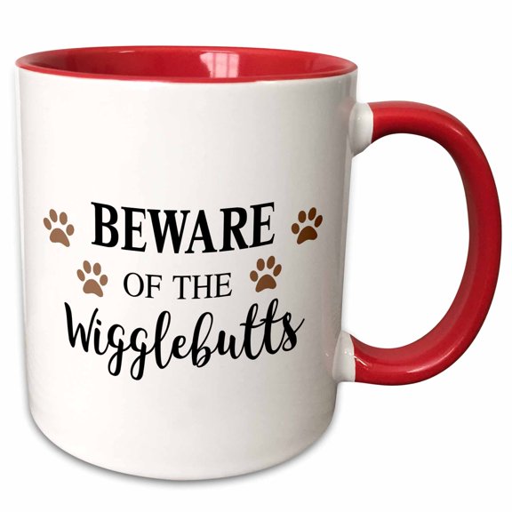 3drose, Beware of the Wigglebutts Cute Funny Warning Message - Pet Dogs Humor, 11oz Two-tone Red Mug