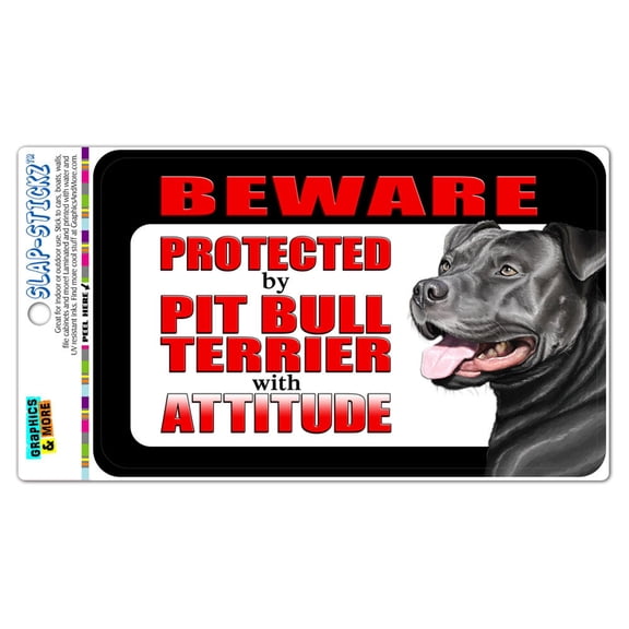 Beware Protected by Pit Bull Terrier with Attitude - Blue Nose SLAP-STICKZ(TM) Automotive Car Window Locker Bumper Sticker
