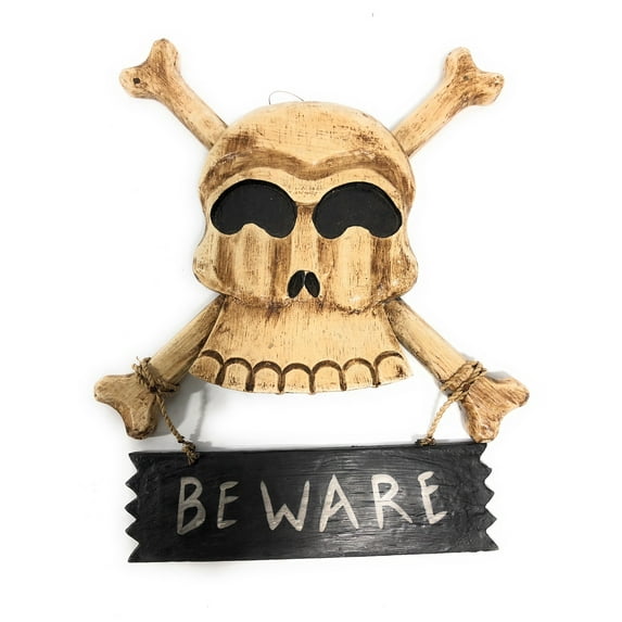 Beware Skull Sign 12" - Crossbones Decor | #kng21004b
