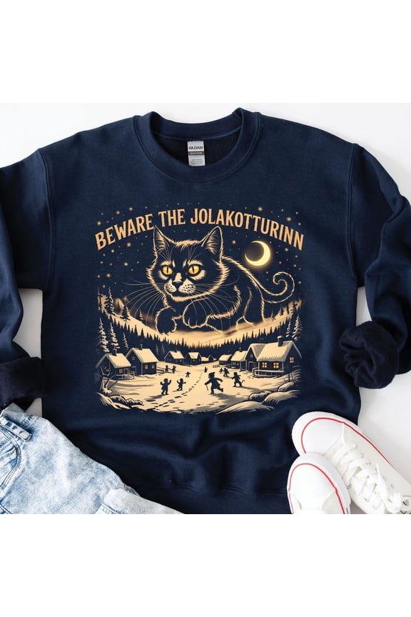Beware The Jólakötturinn Sweatshirt – Yule Cat Christmas Sweater, Icelandic Folklore Holiday Pullover, Gothic Krampus Cat Gift for Dark Xmas Lovers