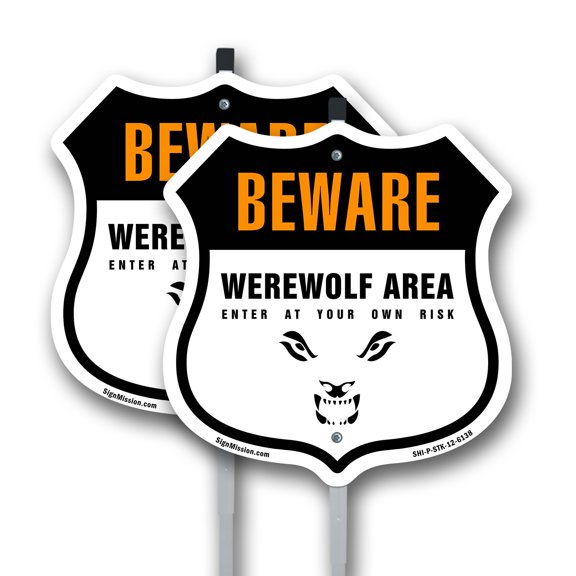 Beware Werewolf Area Enter At Your Own Risk (2 Pack) 12 inch X 12 inch Shield Shaped Rust-Free Aluminum Metal Signs with Aluminum Mounting Stakes Weather Resistant Made in the USA