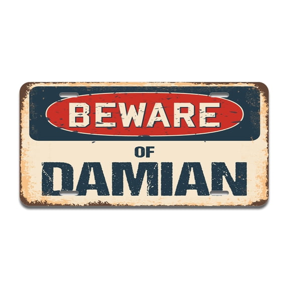 Beware of Damian Aluminum License Plate| License Plate 12" X 6" Fits Any Car, Truck, SUV, RV, or Trailer | Made in The USA