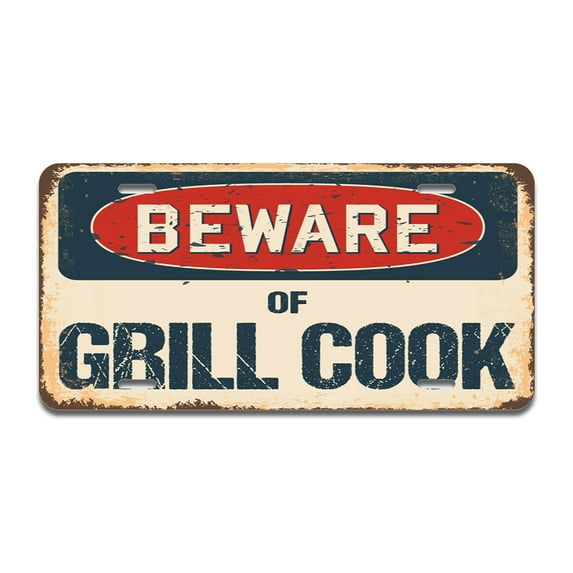 Beware of Grill Cook Aluminum License Plate| License Plate 12" X 6" Fits Any Car, Truck, SUV, RV, or Trailer | Made in The USA