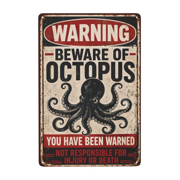 Beware of Octopus Nautical Metal Tin Sign For Beach House Home Bar And Man Cave 8x12 Inch