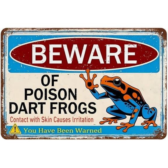 Beware of Poison Dart Frogs Vintage Metal Tin Sign, 8 x 12 Inch Tropical Wildlife Wall Decor Plaque, Humorous Jungle Adventure Scene Wall Art