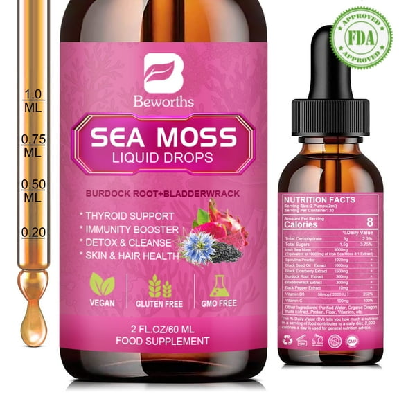 Beworths 3000mg Irish Sea Moss Liquid Drops, Support Immunity Booster, Joint & Thyroid, 2.03oz