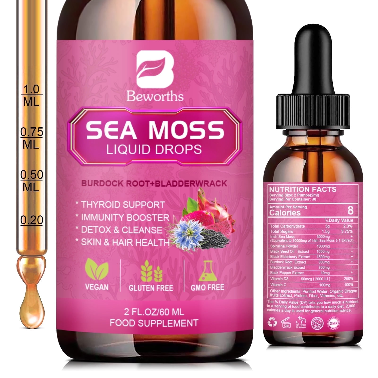 Beworths 3000mg Sea Moss Liquid Drops - Black Seed Oil & Irish Sea Moss Gel with Burdock Root Bladderwrack, Elderberry - Immunity Booster, Digestive Health - 60ml