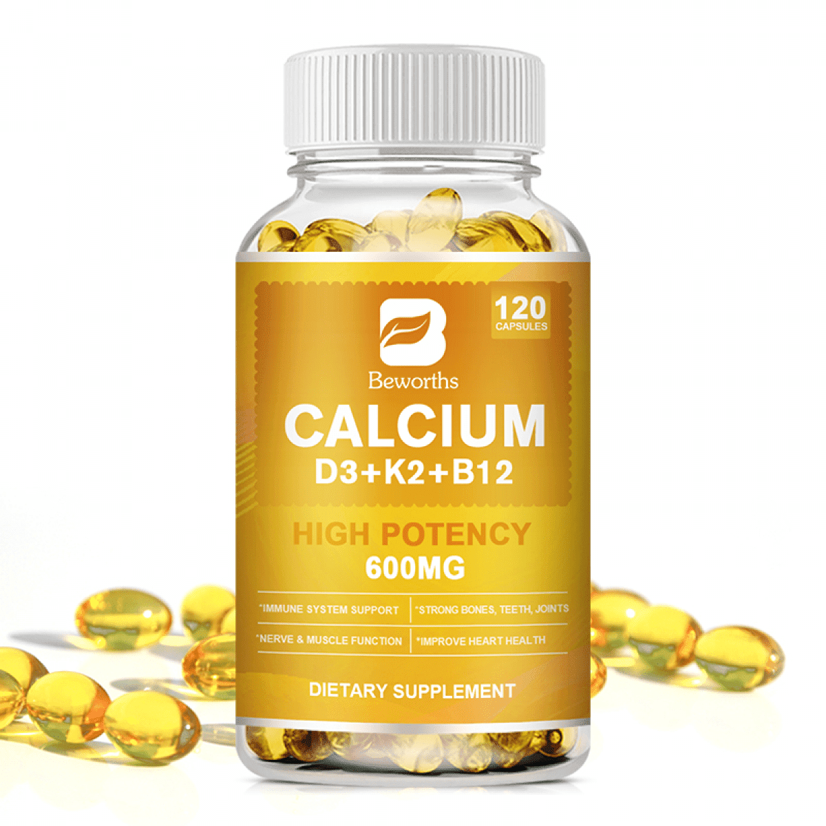 Beworths 4-in-1 Calcium 600Mg with Vitamin D3 K2 B12 Capsules for Bone Strength, Heart Health & Immune Support, 120 Capsules for Men and Women