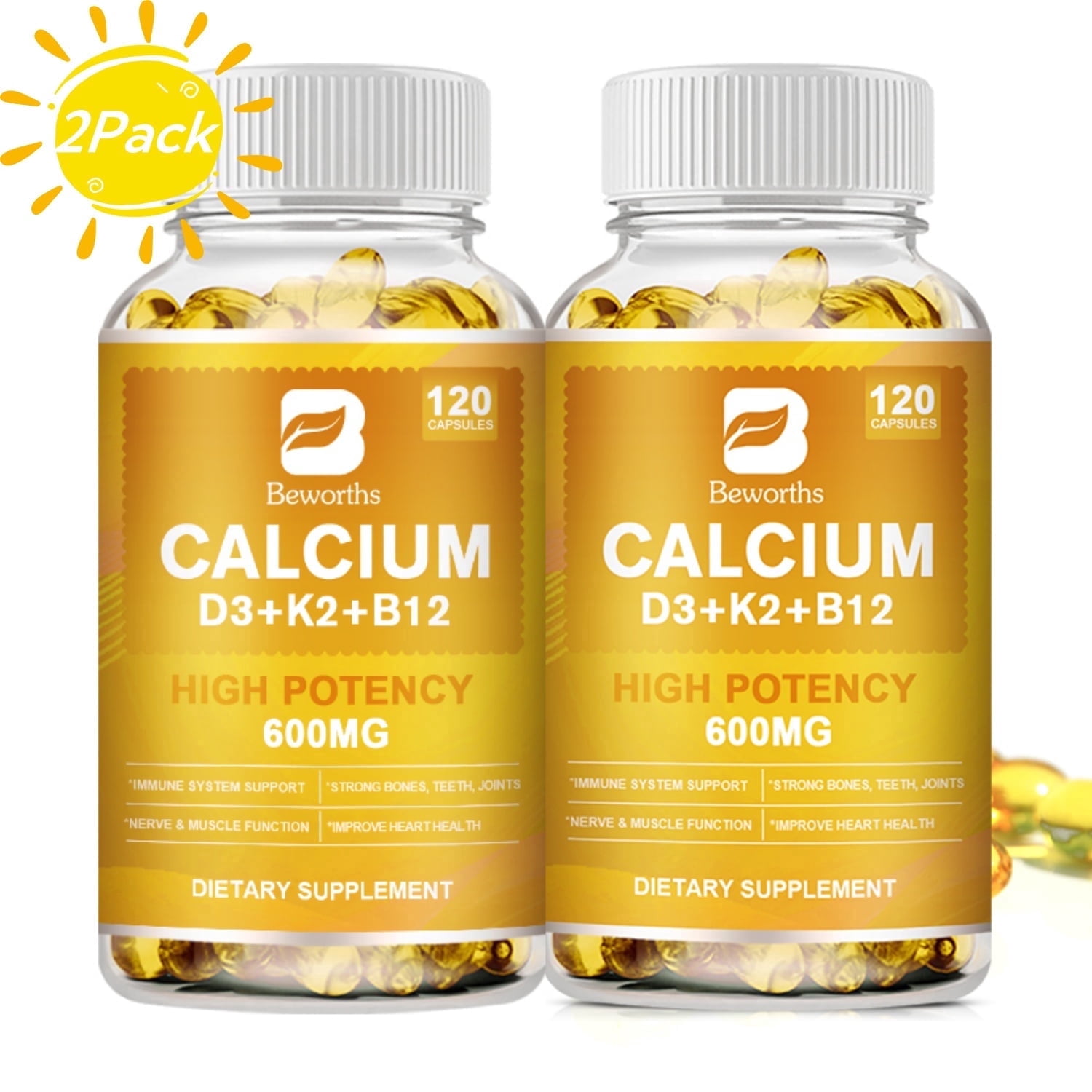 Beworths 4-in-1 Calcium Supplement - 600mg Calcium with Vitamin D3, K2 & B12 - Bone, Heart & Immune Support - 240 Capsules for Men and Women
