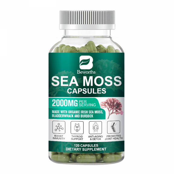 BEWORTHS Organic Sea Moss Capsules 2000mg with Burdockroot, for Immune Boost, Skin & Joint Health, Gut Cleanse & Thyroid Support - 120 Capsules