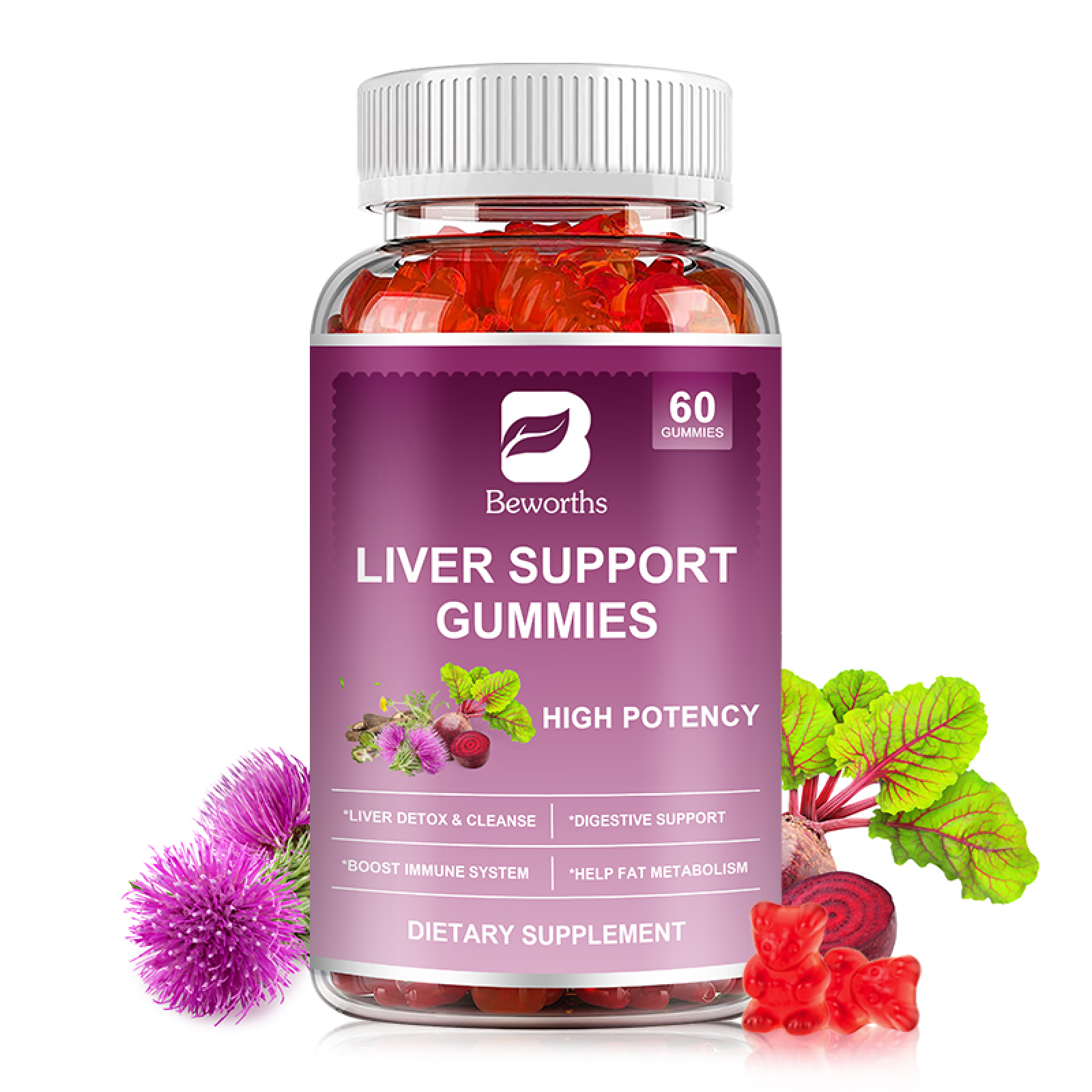 Beworths Liver Support Gummies, with Milk Thistle Extract Support Liver Cleanse Detox & Repair, Liver Health, 60 Gummies