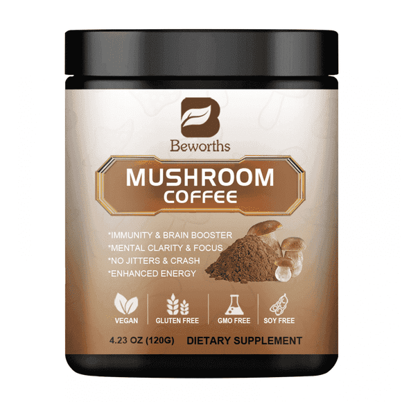 Beworths Mushroom Coffee Powder- Organic Instant Coffee Mix with Reishi, Cordyceps, Lion's Mane, Chaga, for Energy, Mental Clarity & Focus, 4.23oz