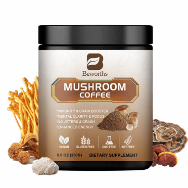 Beworths Mushroom Coffee Powder- Organic Instant Coffee Mix with Reishi, Cordyceps, Lion's Mane, Chaga, for Energy, Mental Clarity & Focus, 8.8oz