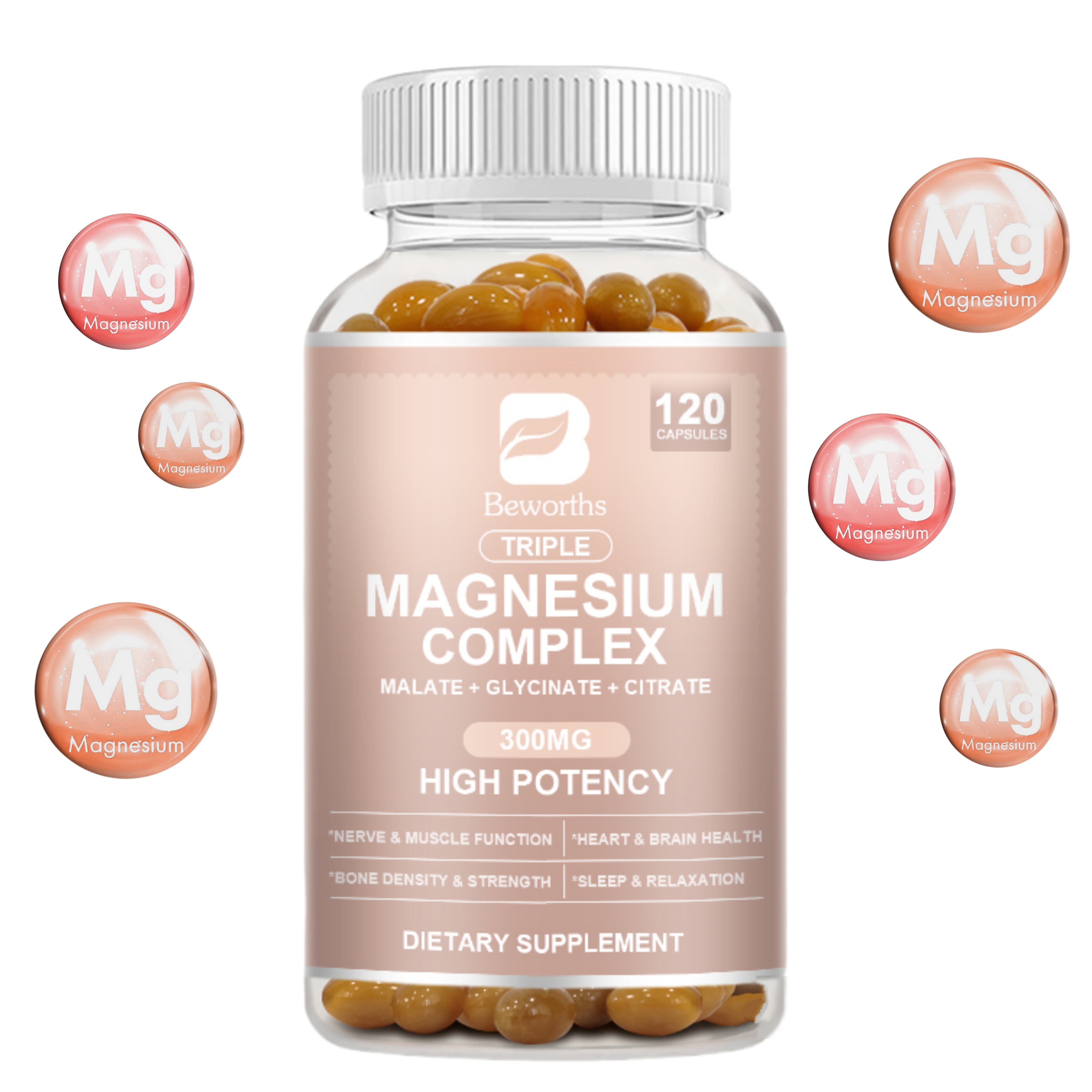 Beworths Triple Magnesium Complex Capsules - 300mg of Magnesium Glycinate, Malate & Citrate for Muscles, Sleep, Calm, & Energy, 120 Capsules