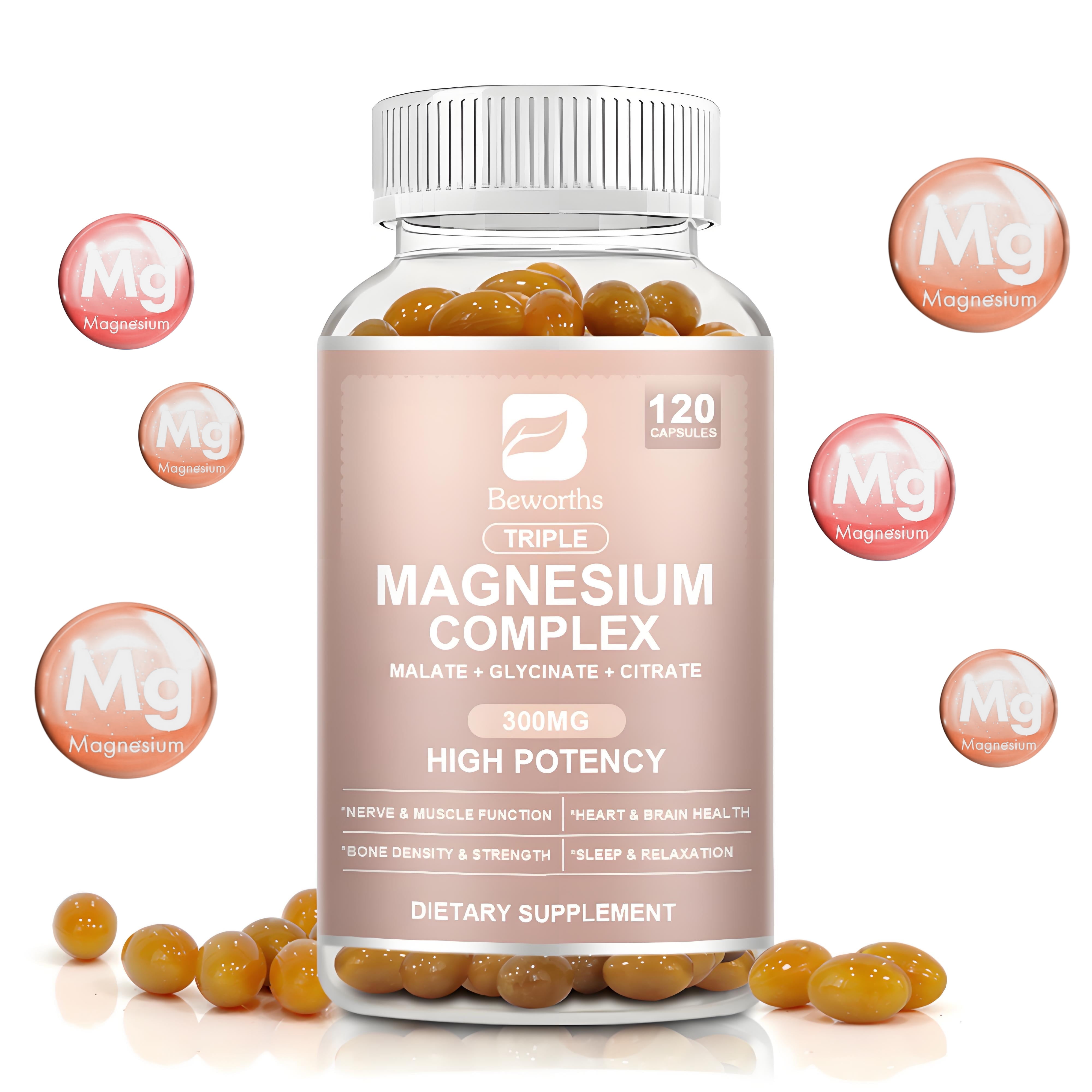 Beworths Triple Magnesium Complex Capsules - 300mg of Magnesium Glycinate, Malate & Citrate for Muscles, Sleep, Calm, & Energy, 120 Capsules