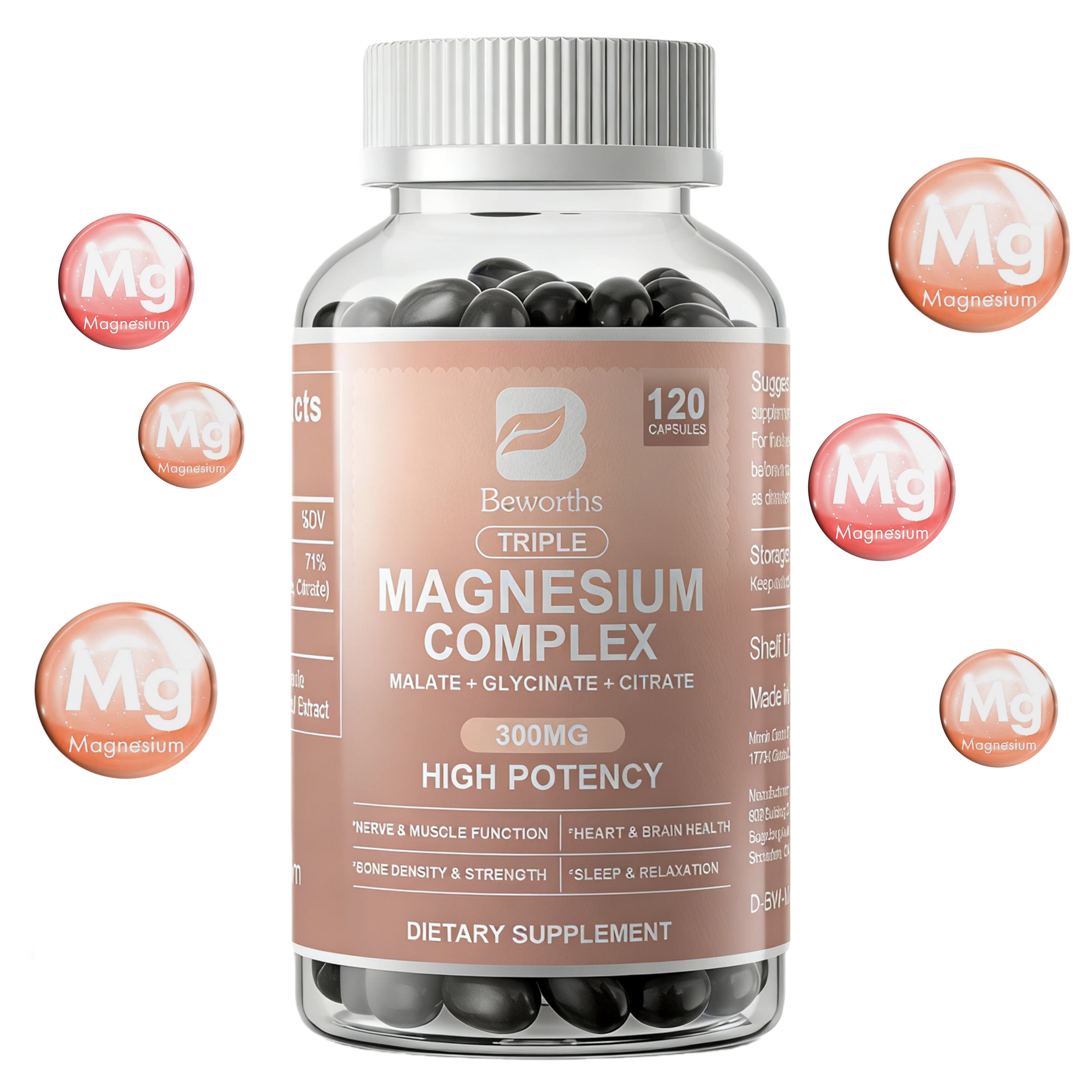Beworths Triple Magnesium Complex Capsules - 300mg of Magnesium Glycinate, Malate & Citrate for Muscles, Sleep, Energy, 120 Capsules