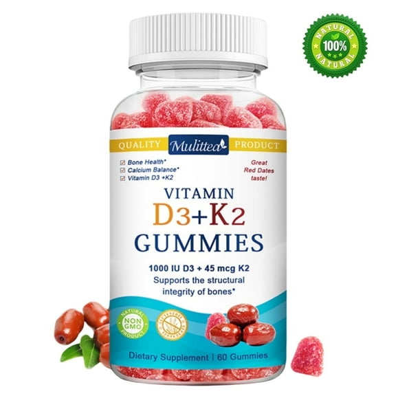 Mulittea Vitamin D3 1000IU+Vitamin K2 45Mcg Per Serving - Bone,Teeth,Muscle & Immune Health Support - D3 K2 Gummies, 60 Pcs