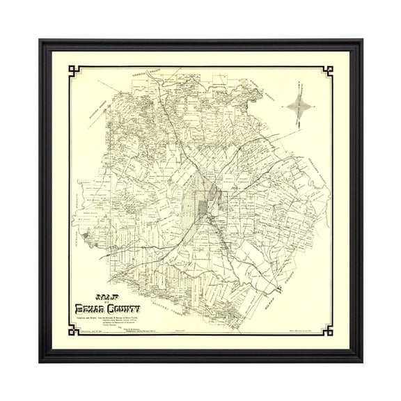 Bexar County Texas Art, 1887 Vintage Map of Bexar County TX History Wall Decor Gift, Old Bexar County TX Map - 24" x 24" Black Framed Print