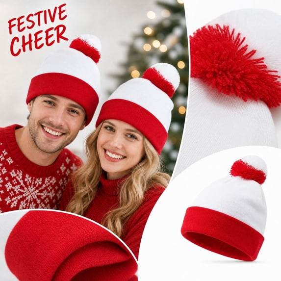 Bexdxz Christmas Knit Beanie Hat with Pom‑Pom, Warm Winter Festive Costume Party Cap for Men Women White
