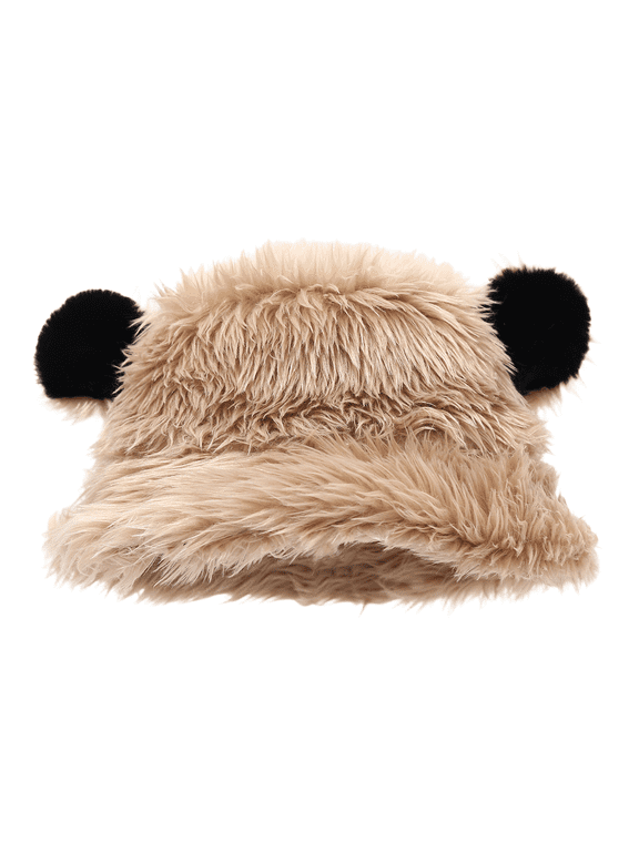 Cute Bear Ears Faux Fur Bucket Hat, Thick Warm Fluffy Plush Winter Fisherman Hat for Cold Weather Outdoor Wear Khaki