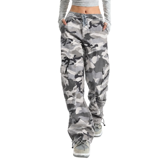 Bexdxz High Waisted Camo Pants for Women, Elastic Drawstring Baggy Straight Wide Leg Trousers with Large Side Pockets, Y2K Streetwear Casual Pants for Daily Outdoor Outfits White L