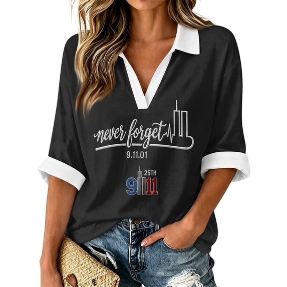 Bexdxz Polo Shirts for Women Three-Quarter Sleeve Vintage Printed Memorial Never Forget 9/11 25th Polo Shirt V Neck Tops Royal Blue 3XL