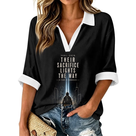 Bexdxz Polo Shirts for Women Three-Quarter Sleeve Vintage Printed Memorial Never Forget 9/11 25th Polo Shirt V Neck Tops White M