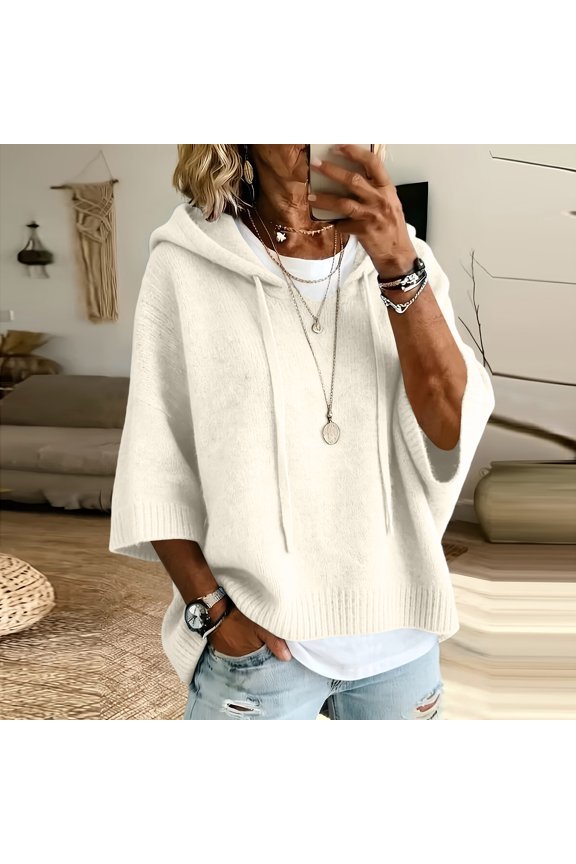 Pullover Sweaters for Women Hooded Ribbed 3/4 Sleeve Sweaters | Ribbed Knitted, Drawstring, Batwing Sleeve, Office, Soft and Comfort Fabric, Work, Drop Shoulder, Comfy White M