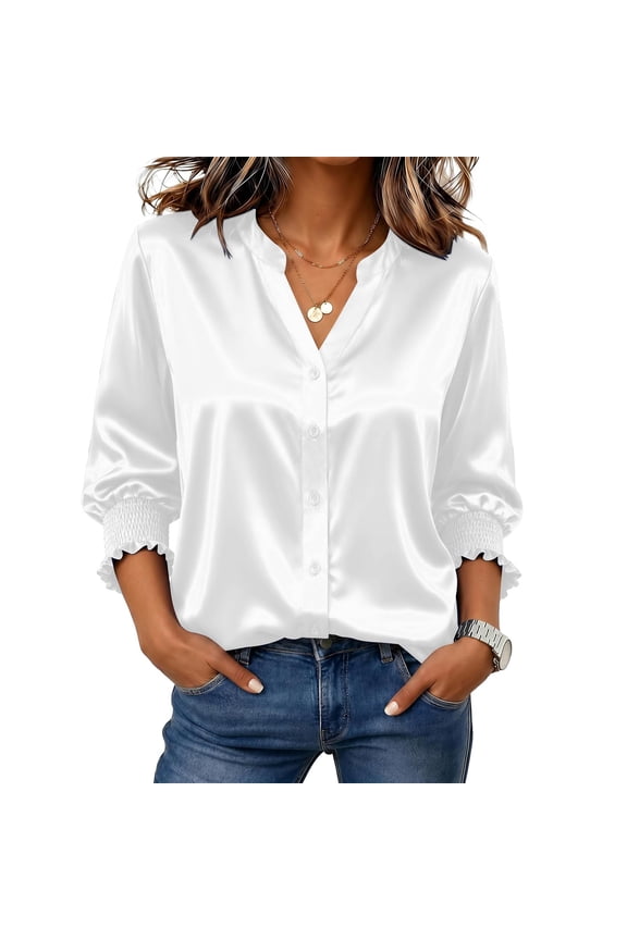 Satin Button Down Shirts for Women 3/4 Length Sleeve Business Casual Blouses 2026 Summer Tops White S