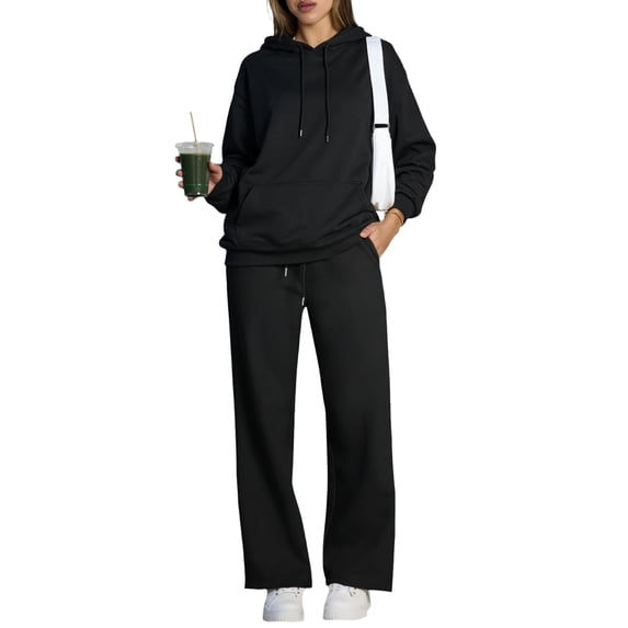 Bexdxz Winter Lounge Sets for Women Sweatsuits Comfy Long Sleeve Oversized Hoodie and Loose Wide Leg Sweatpants Casual Two Piece Set Black S