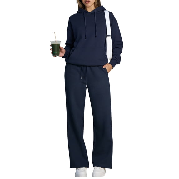 Bexdxz Winter Lounge Sets for Women Sweatsuits Comfy Long Sleeve Oversized Hoodie and Loose Wide Leg Sweatpants Casual Two Piece Set Navy L