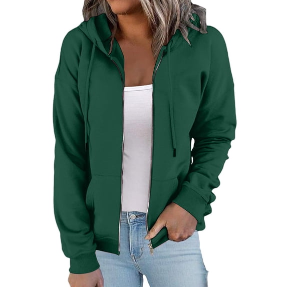 Bexdxz Women Casual Full Zip Up Cardigan Basic Jacket Lightweight Long Sleeve Sweatshirt Solid Color Jacket With Pockets Dark Green S