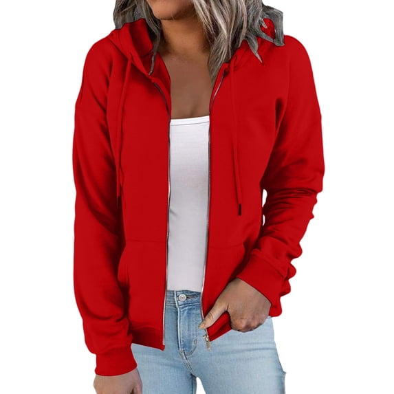 Bexdxz Women Casual Full Zip Up Cardigan Basic Jacket Lightweight Long Sleeve Sweatshirt Solid Color Jacket With Pockets Red M
