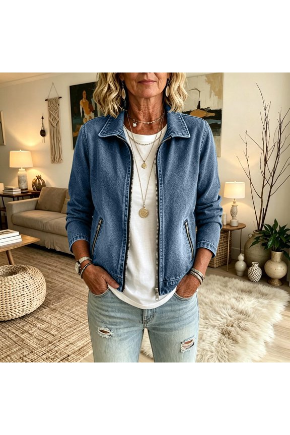 Women Cropped Stretch Jean Jacket Collared Zip Up Pullover Sweatshirt Lightweight Denim Cardigan with Zipper Pockets Dark Blue M