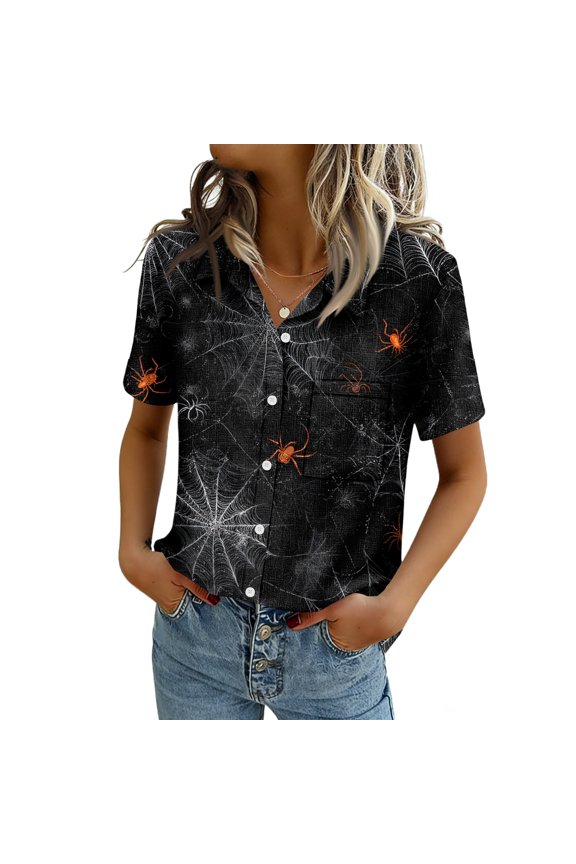 Women Halloween Spider Web Pattern Short Sleeve Polo Tops Lapel Half Button Casual Fall Daily Holiday Shirts Gray 2XL