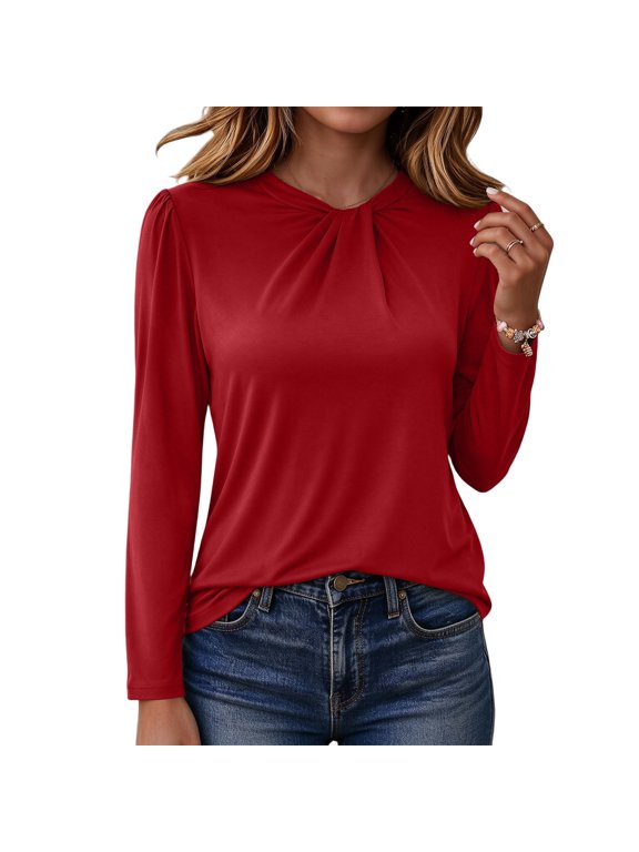 Women Long Sleeve Top, Twist Knot Neck Puff Shoulder Soft Stretchy Relaxed Fit Blouse, Slim Fit Elegant Tee Shirts Versatile Tunic Top for Fall Everyday Wear,Red,S
