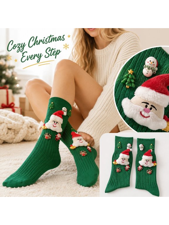 Women’s 3D Plush Ornament Christmas Socks, Novelty Festive Knit Mid‑Calf Socks, Cozy Fun Winter Holiday Socks for Christmas Gift‑Giving Green