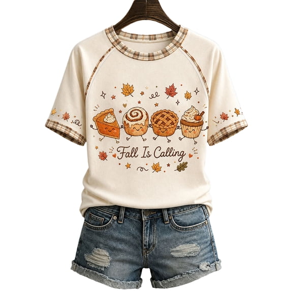 Bexdxz Women's Autumn-Themed Casual Crew Neck Short Sleeve T-Shirt Fall Vibes Cute Halloween Ghost Tee Beige 2XL
