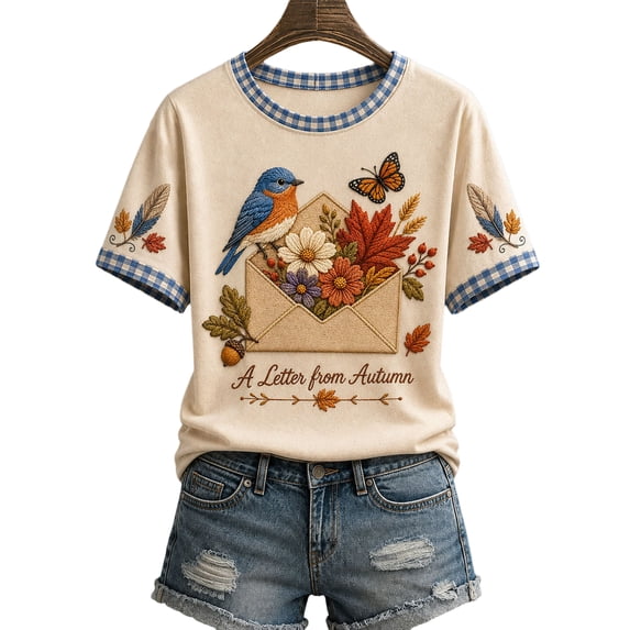 Bexdxz Women's Autumn-Themed Casual Crew Neck Short Sleeve T-Shirt Fall Vibes Cute Halloween Tee Blue L