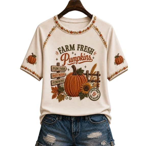 Bexdxz Women's Autumn-Themed Casual Crew Neck Short Sleeve T-Shirt Fall Vibes Cute Halloween Tee Earthy Yellow 2XL