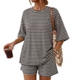 thumbnail image 1 of Bexdxz Women's Casual Striped Short Sleeve 2 Piece Summer Set Oversized Top & Loose Fit Shorts with Pockets Black M, 1 of 6