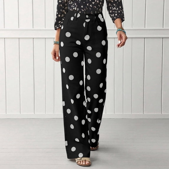 Bexdxz Women's Casual Wide Leg Jeans with Large Polka Dot Print Black S