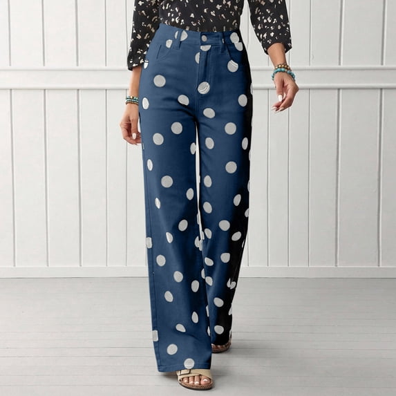 Bexdxz Women's Casual Wide Leg Jeans with Large Polka Dot Print Dark Blue L