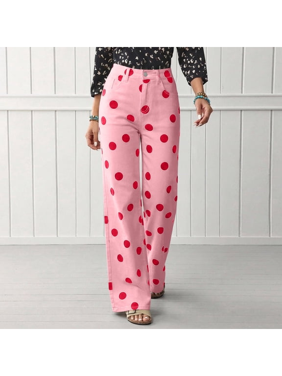 Women's Casual Wide Leg Jeans with Large Polka Dot Print Pink S