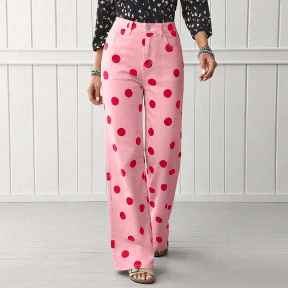 Bexdxz Women's Casual Wide Leg Jeans with Large Polka Dot Print Pink XL