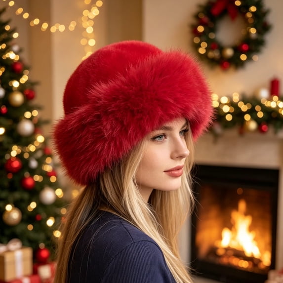 Bexdxz Women’s Christmas Faux Fur Trim Bucket Hat, Warm Fluffy Fuzzy Winter Hat, Festive Holiday Party Cap for Cold Weather Wear Red